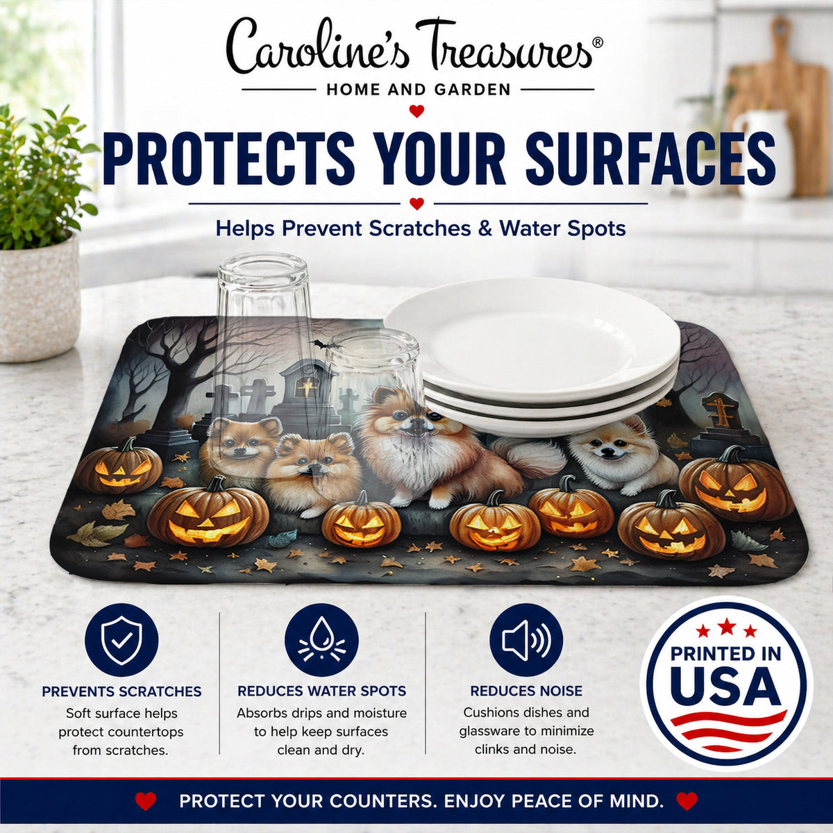 Caroline's Treasures DAC2068DDM Pomeranian Spooky Halloween Dish Drying Mat Absorbent Dish Drying Mat Pad for Kitchen Counter Dish Drainer Mat for Countertop, 14 x 21, Multicolor