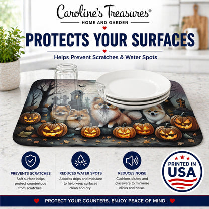 Caroline's Treasures DAC2068DDM Pomeranian Spooky Halloween Dish Drying Mat Absorbent Dish Drying Mat Pad for Kitchen Counter Dish Drainer Mat for Countertop, 14 x 21, Multicolor