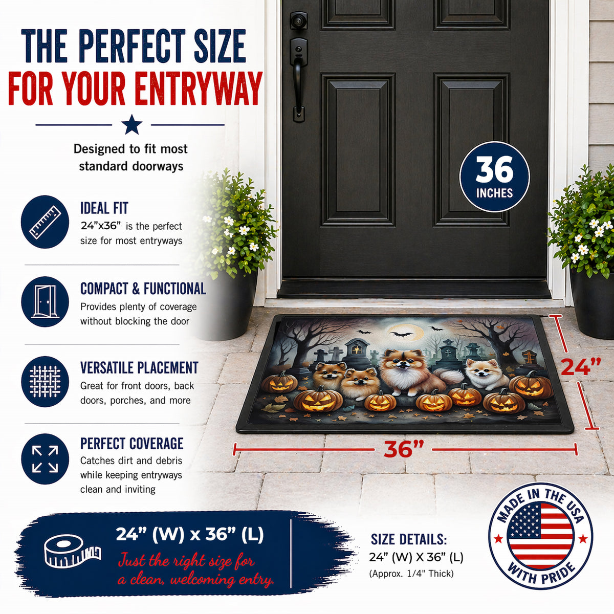 Caroline's Treasures DAC2068JMAT Pomeranian Spooky Halloween Indoor or Outdoor Mat 24x36 Front Door Mat Indoor Outdoor Rugs for Entryway, Non Slip Washable Low Pile, 24H X 36W