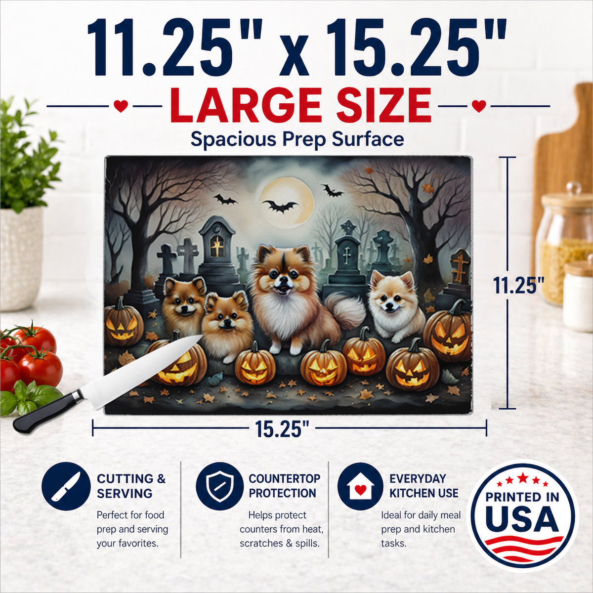 Caroline's Treasures DAC2068LCB Pomeranian Spooky Halloween Glass Cutting Board Large Decorative Tempered Glass Kitchen Cutting and Serving Board Large Size Chopping Board