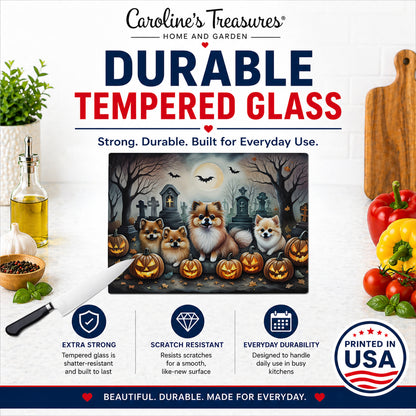Caroline's Treasures DAC2068LCB Pomeranian Spooky Halloween Glass Cutting Board Large Decorative Tempered Glass Kitchen Cutting and Serving Board Large Size Chopping Board