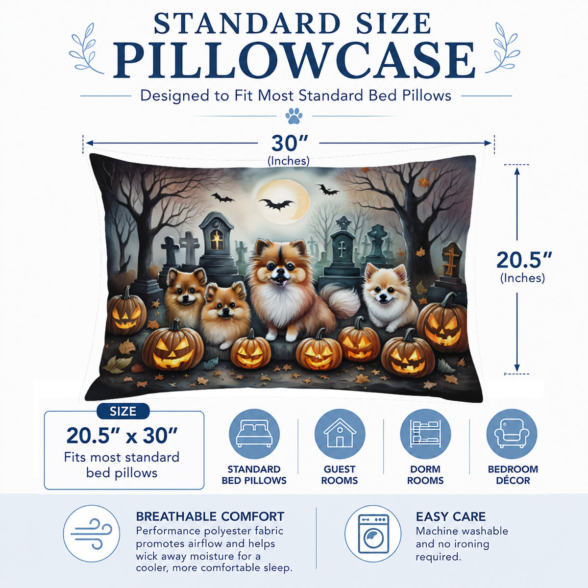 Caroline's Treasures DAC2068PILLOWCASE Pomeranian Spooky Halloween Fabric Standard Pillowcase Lightweight Super Soft Easy Care Decorative Artwork Pillowcase, Standard