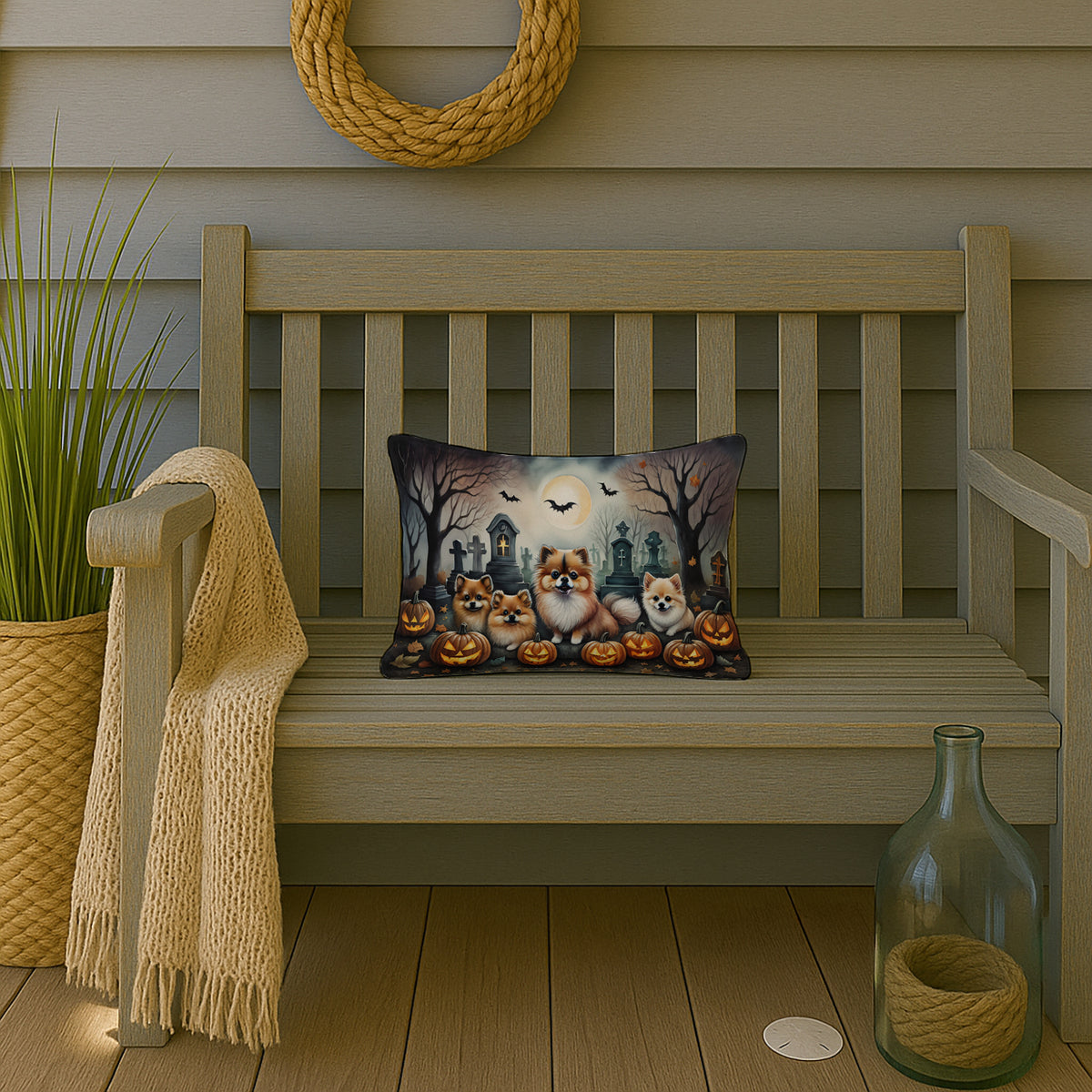 Caroline's Treasures DAC2068PW1216 Pomeranian Spooky Halloween Fabric Decorative Pillow Machine Washable, Indoor Outdoor Decorative Pillow for Couch, Bed or Patio, 12HX16W