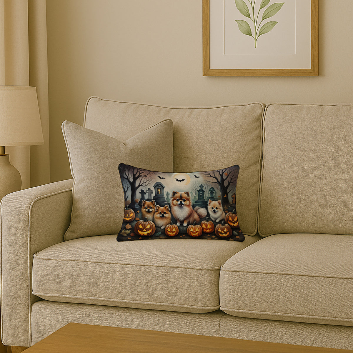 Caroline's Treasures DAC2068PW1216 Pomeranian Spooky Halloween Fabric Decorative Pillow Machine Washable, Indoor Outdoor Decorative Pillow for Couch, Bed or Patio, 12HX16W