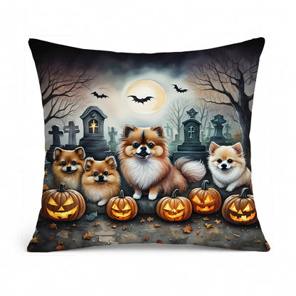 Caroline's Treasures DAC2068PW1414 Pomeranian Spooky Halloween Fabric Decorative Pillow Machine Washable, Indoor Outdoor Decorative Pillow for Couch, Bed or Patio, 14Hx14W
