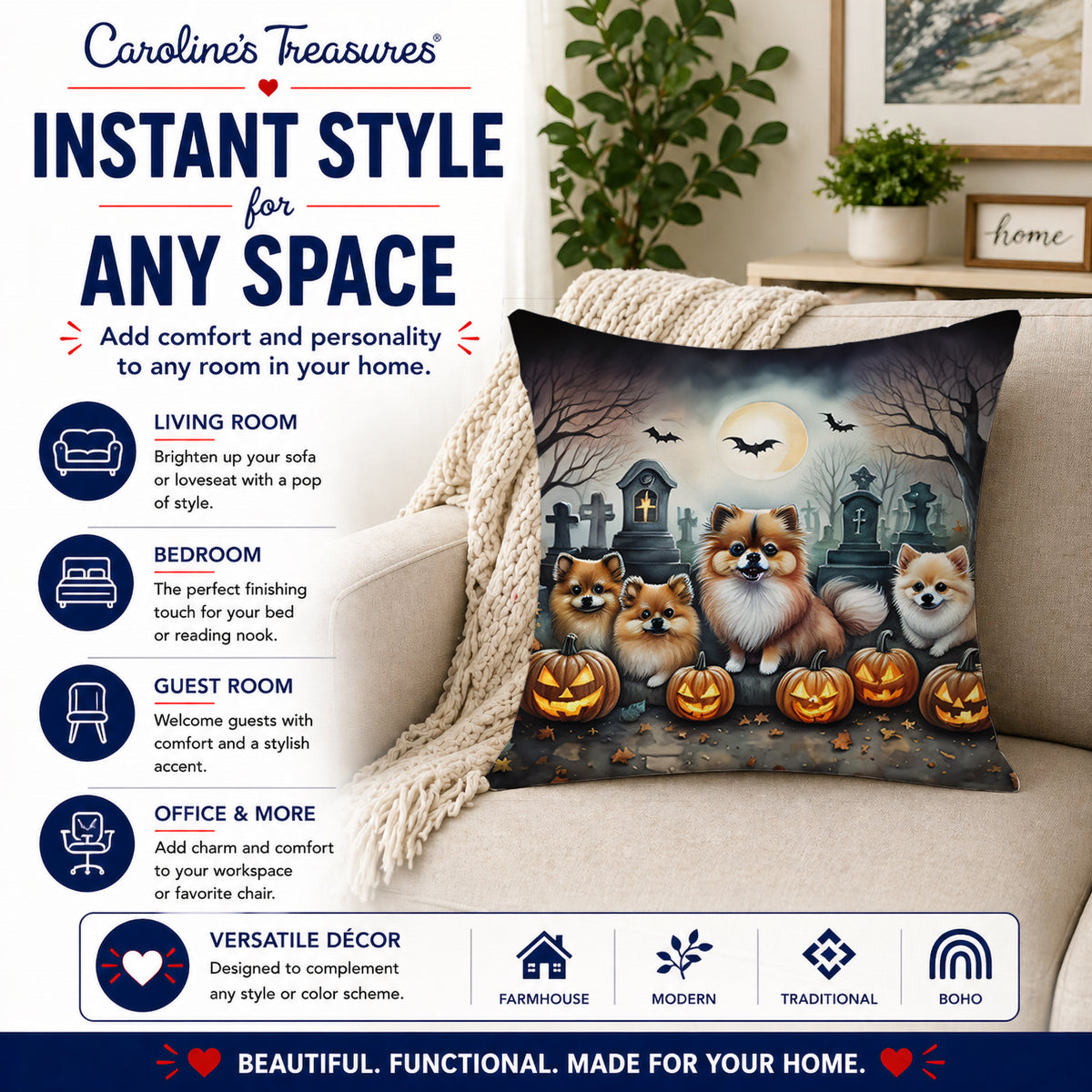 Caroline's Treasures DAC2068PW1414 Pomeranian Spooky Halloween Fabric Decorative Pillow Machine Washable, Indoor Outdoor Decorative Pillow for Couch, Bed or Patio, 14Hx14W