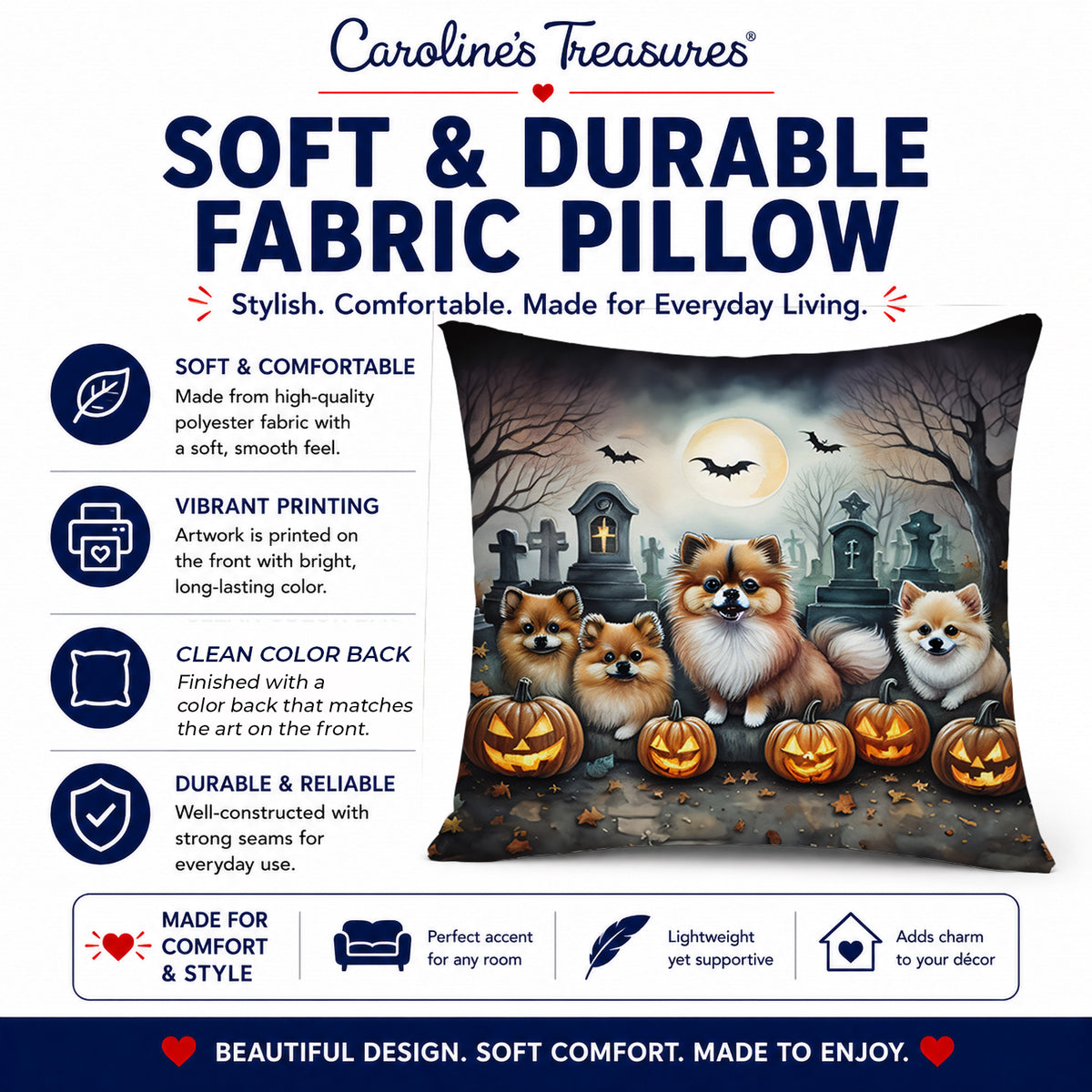 Caroline's Treasures DAC2068PW1818 Pomeranian Spooky Halloween Fabric Decorative Pillow Machine Washable, Indoor Outdoor Decorative Pillow for Couch, Bed or Patio, 18Hx18W