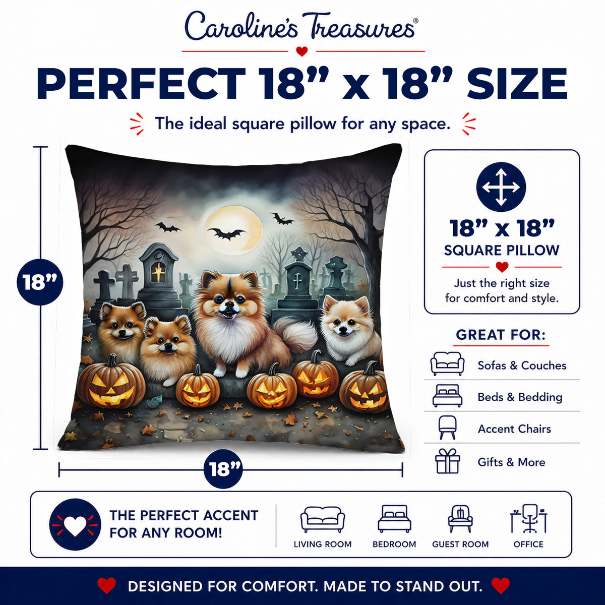 Caroline's Treasures DAC2068PW1818 Pomeranian Spooky Halloween Fabric Decorative Pillow Machine Washable, Indoor Outdoor Decorative Pillow for Couch, Bed or Patio, 18Hx18W