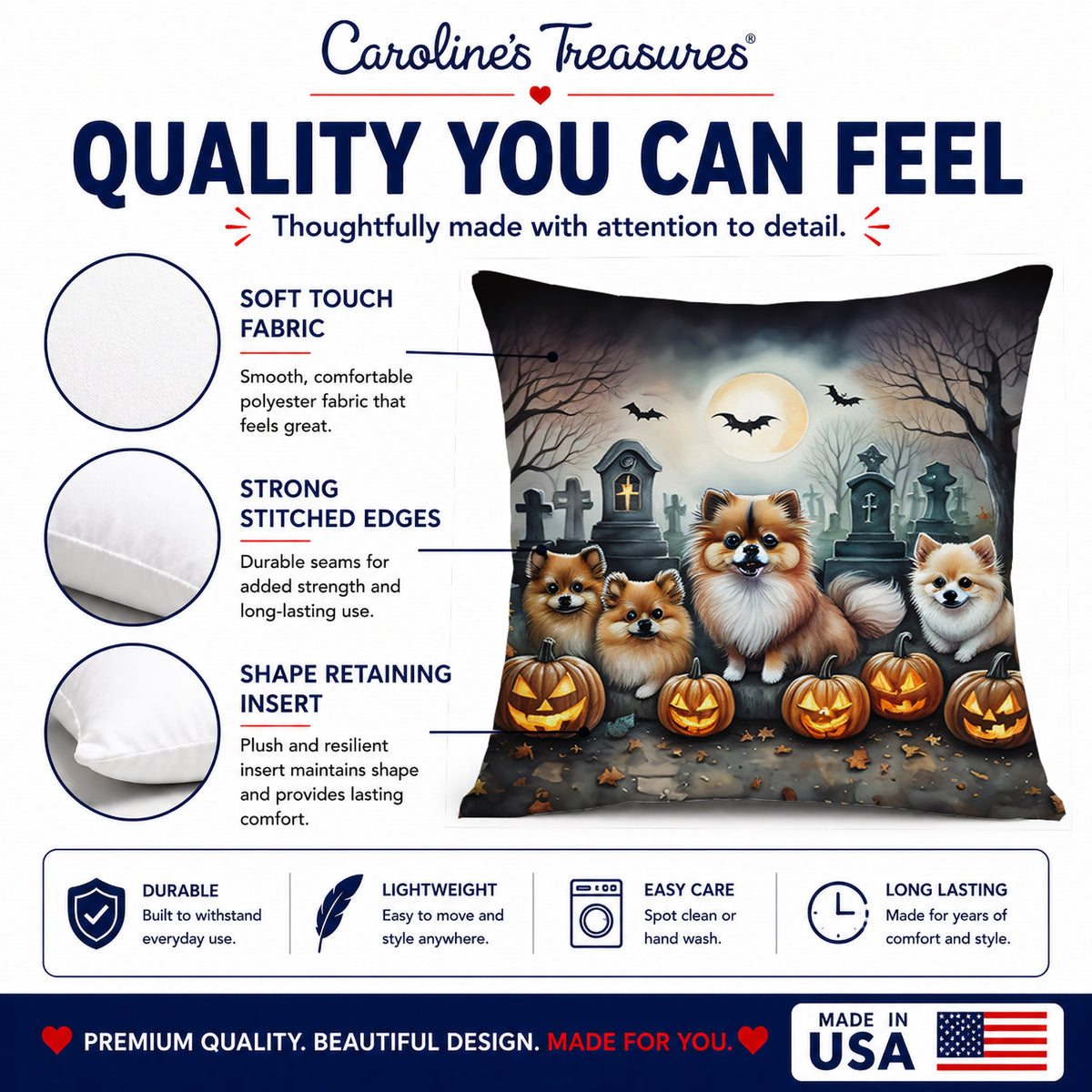 Caroline's Treasures DAC2068PW1818 Pomeranian Spooky Halloween Fabric Decorative Pillow Machine Washable, Indoor Outdoor Decorative Pillow for Couch, Bed or Patio, 18Hx18W