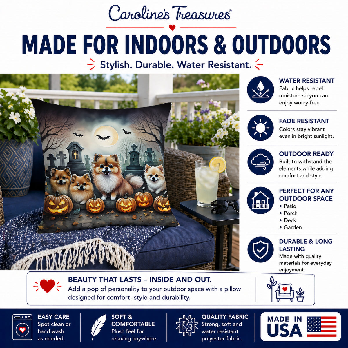 Caroline's Treasures DAC2068PW1818 Pomeranian Spooky Halloween Fabric Decorative Pillow Machine Washable, Indoor Outdoor Decorative Pillow for Couch, Bed or Patio, 18Hx18W