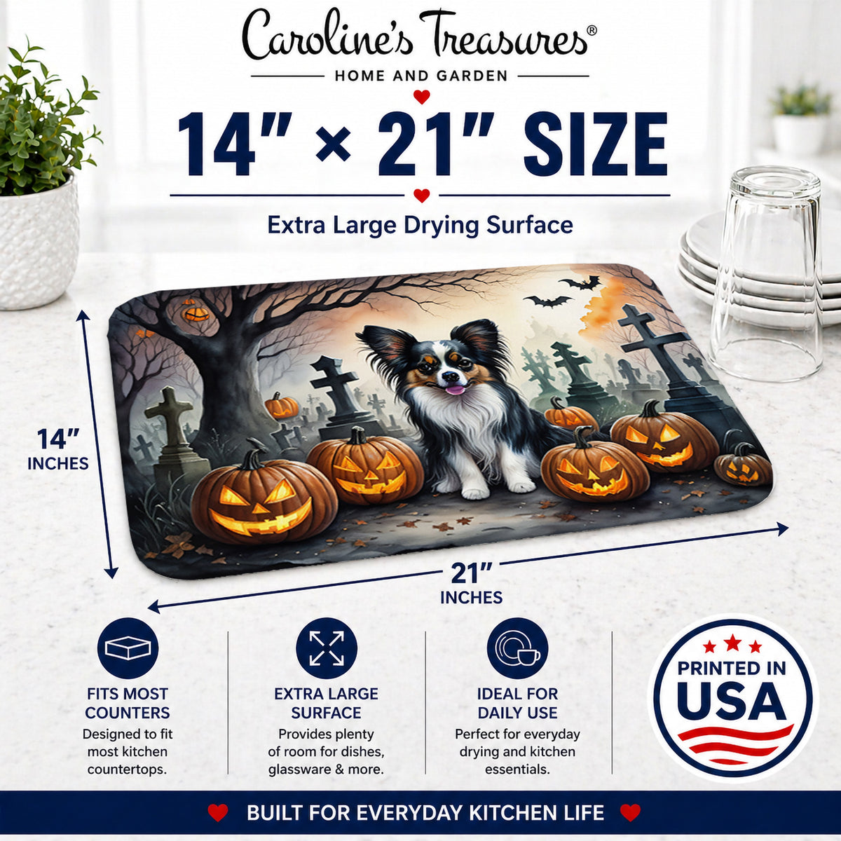 Caroline's Treasures DAC2069DDM Papillon Spooky Halloween Dish Drying Mat Absorbent Dish Drying Mat Pad for Kitchen Counter Dish Drainer Mat for Countertop, 14 x 21, Multicolor