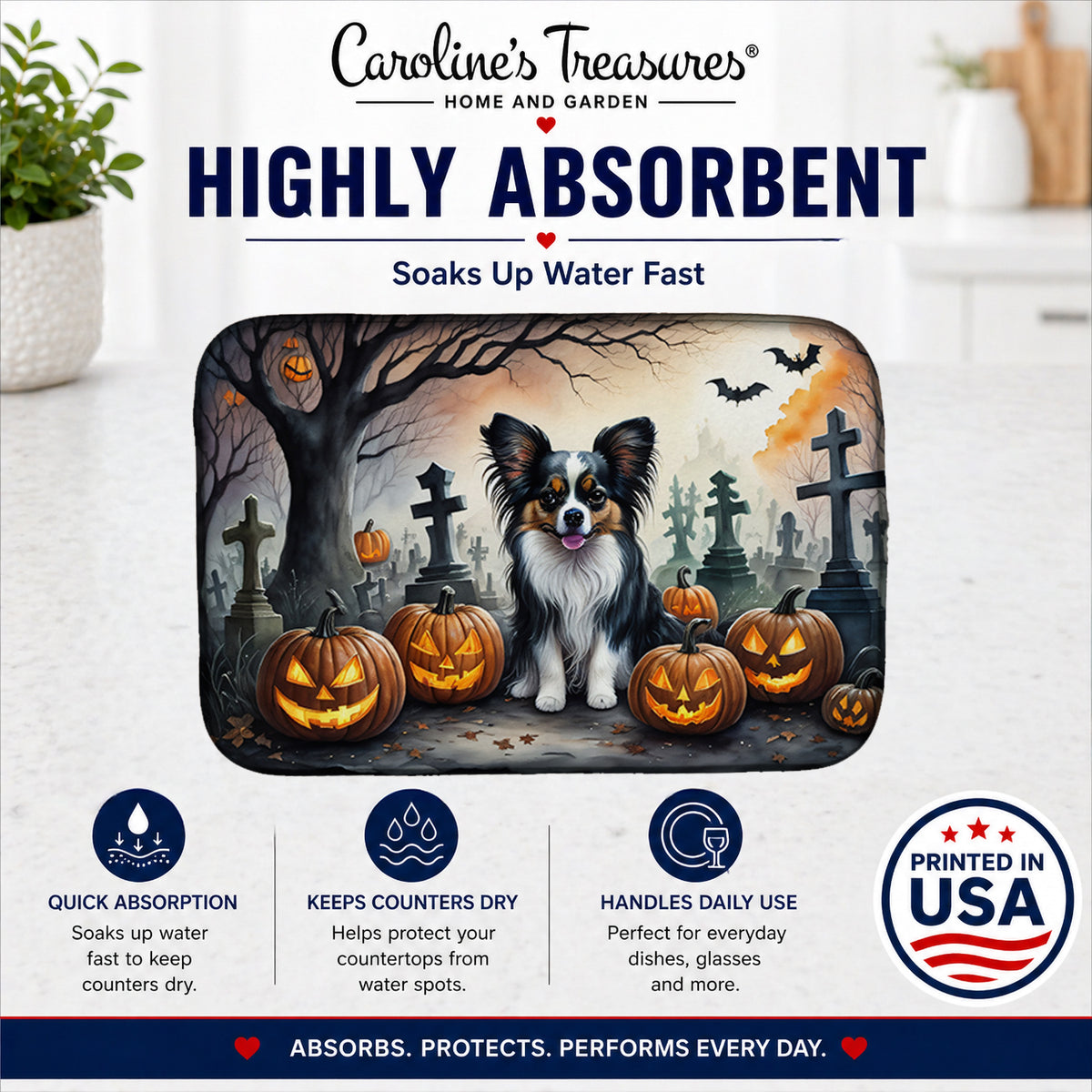 Caroline's Treasures DAC2069DDM Papillon Spooky Halloween Dish Drying Mat Absorbent Dish Drying Mat Pad for Kitchen Counter Dish Drainer Mat for Countertop, 14 x 21, Multicolor