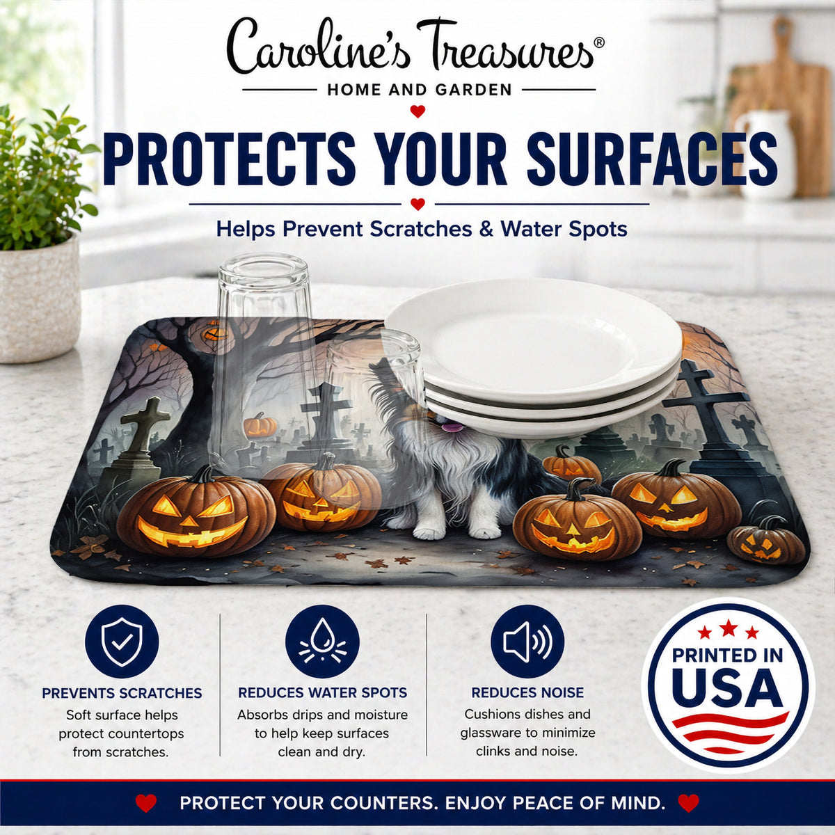 Caroline's Treasures DAC2069DDM Papillon Spooky Halloween Dish Drying Mat Absorbent Dish Drying Mat Pad for Kitchen Counter Dish Drainer Mat for Countertop, 14 x 21, Multicolor