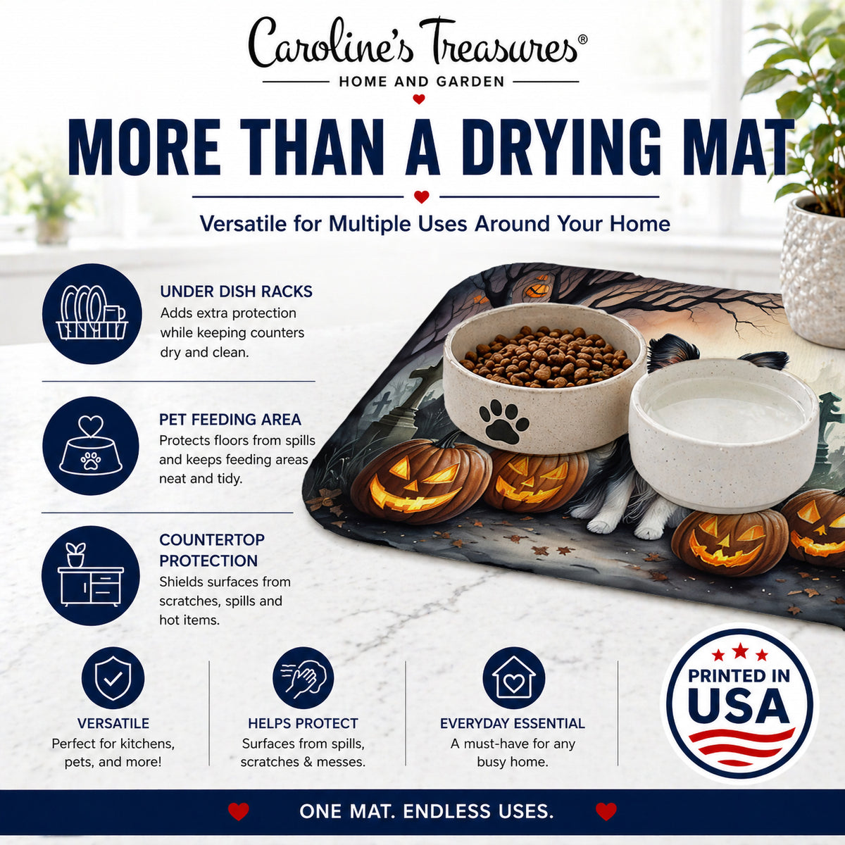 Caroline's Treasures DAC2069DDM Papillon Spooky Halloween Dish Drying Mat Absorbent Dish Drying Mat Pad for Kitchen Counter Dish Drainer Mat for Countertop, 14 x 21, Multicolor