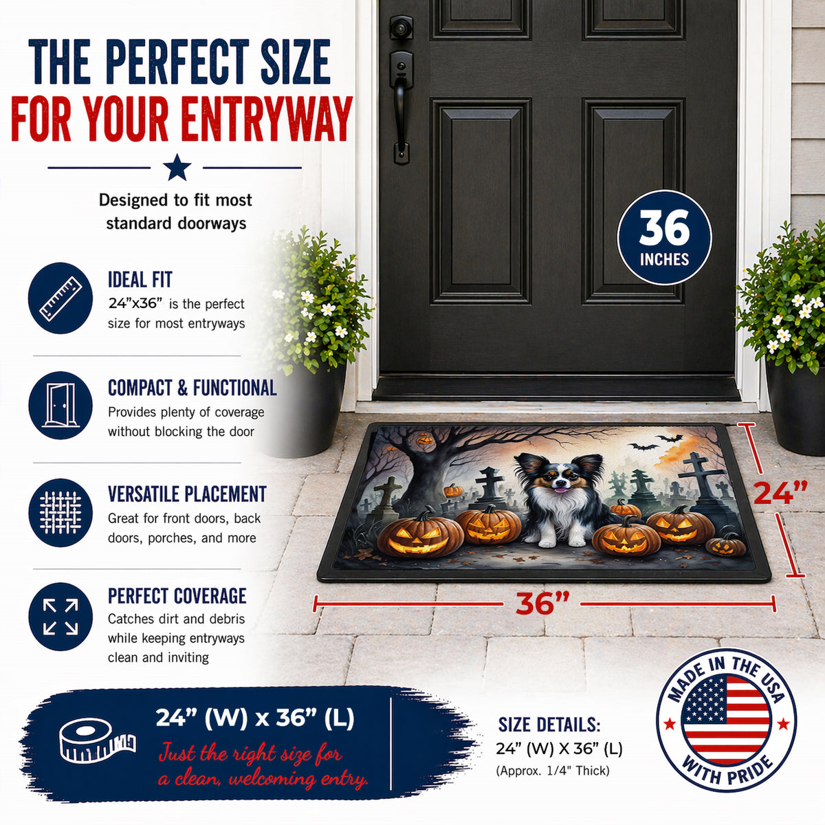 Caroline's Treasures DAC2069JMAT Papillon Spooky Halloween Indoor or Outdoor Mat 24x36 Front Door Mat Indoor Outdoor Rugs for Entryway, Non Slip Washable Low Pile, 24H X 36W