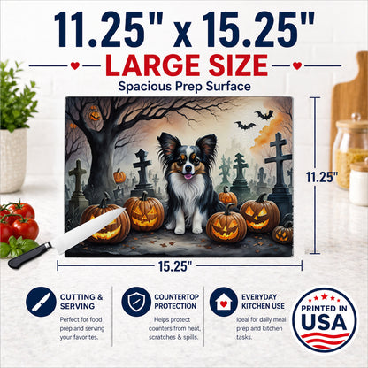 Caroline's Treasures DAC2069LCB Papillon Spooky Halloween Glass Cutting Board Large Decorative Tempered Glass Kitchen Cutting and Serving Board Large Size Chopping Board