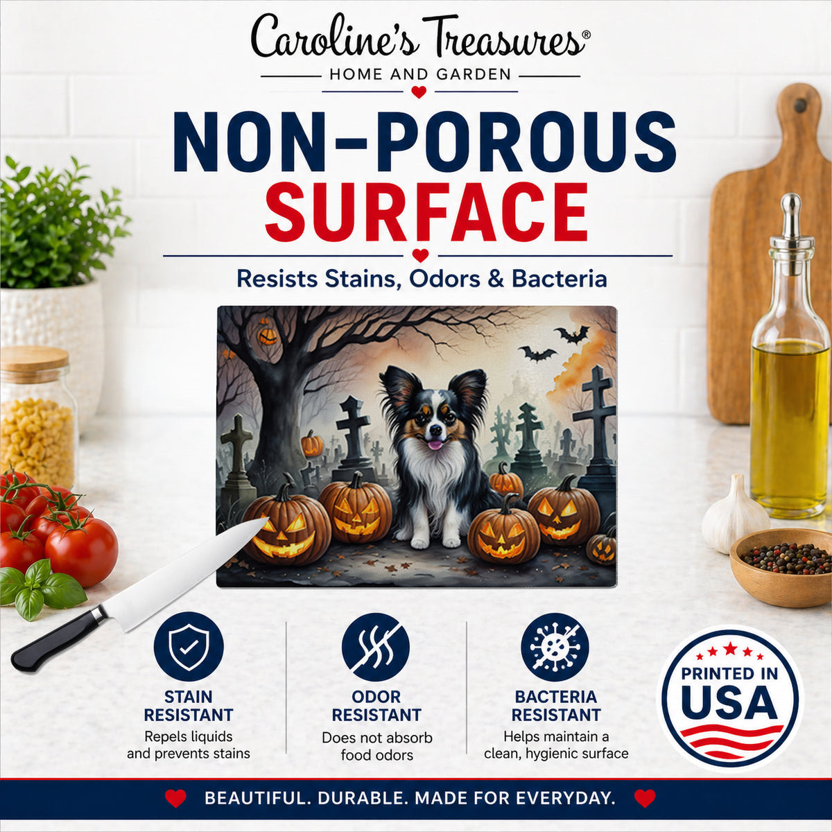 Caroline's Treasures DAC2069LCB Papillon Spooky Halloween Glass Cutting Board Large Decorative Tempered Glass Kitchen Cutting and Serving Board Large Size Chopping Board