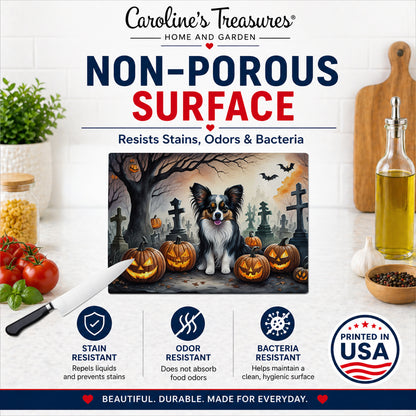 Caroline's Treasures DAC2069LCB Papillon Spooky Halloween Glass Cutting Board Large Decorative Tempered Glass Kitchen Cutting and Serving Board Large Size Chopping Board