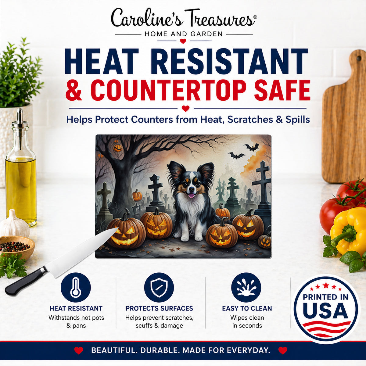 Caroline's Treasures DAC2069LCB Papillon Spooky Halloween Glass Cutting Board Large Decorative Tempered Glass Kitchen Cutting and Serving Board Large Size Chopping Board