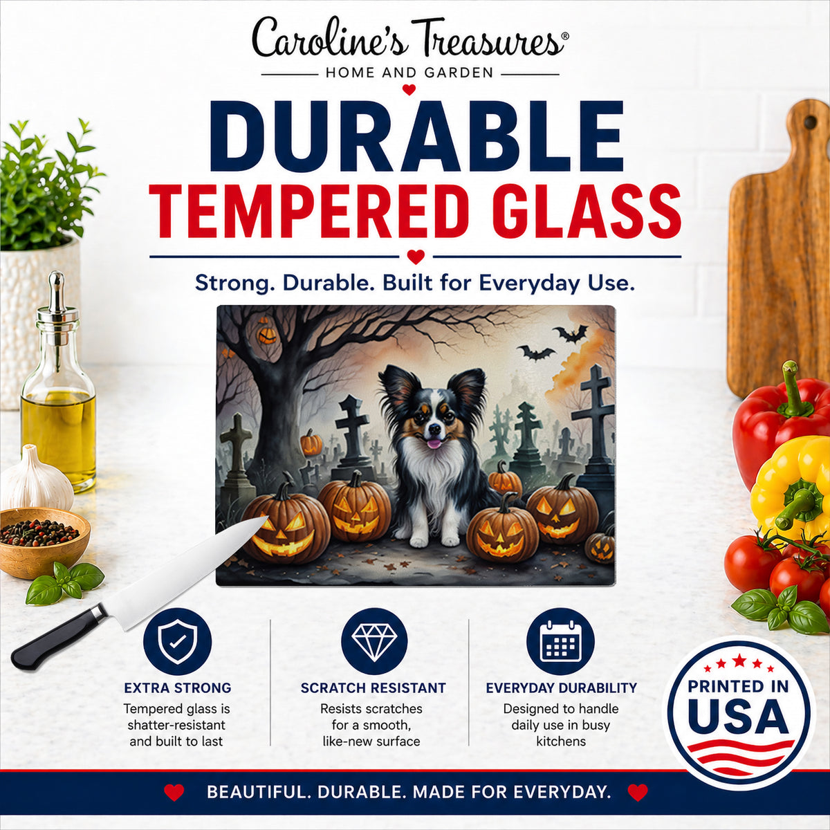 Caroline's Treasures DAC2069LCB Papillon Spooky Halloween Glass Cutting Board Large Decorative Tempered Glass Kitchen Cutting and Serving Board Large Size Chopping Board