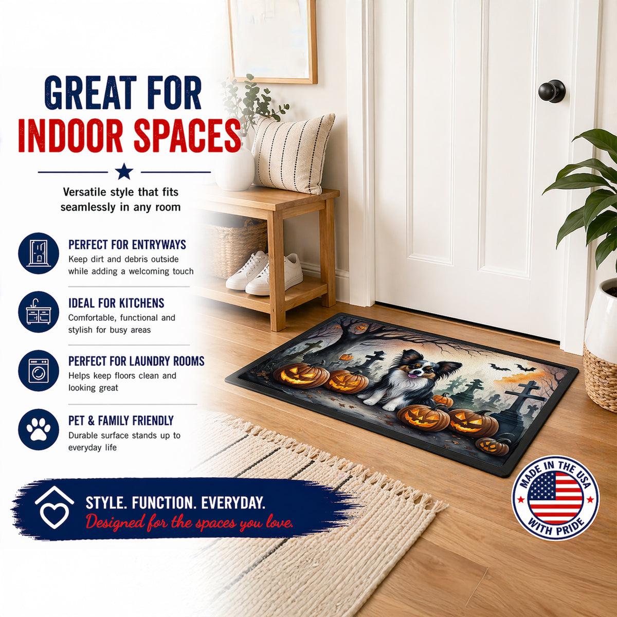 Caroline's Treasures DAC2069MAT Papillon Spooky Halloween Doormat 18x27 Front Door Mat Indoor Outdoor Rugs for Entryway, Non Slip Washable Low Pile, 18H X 27W