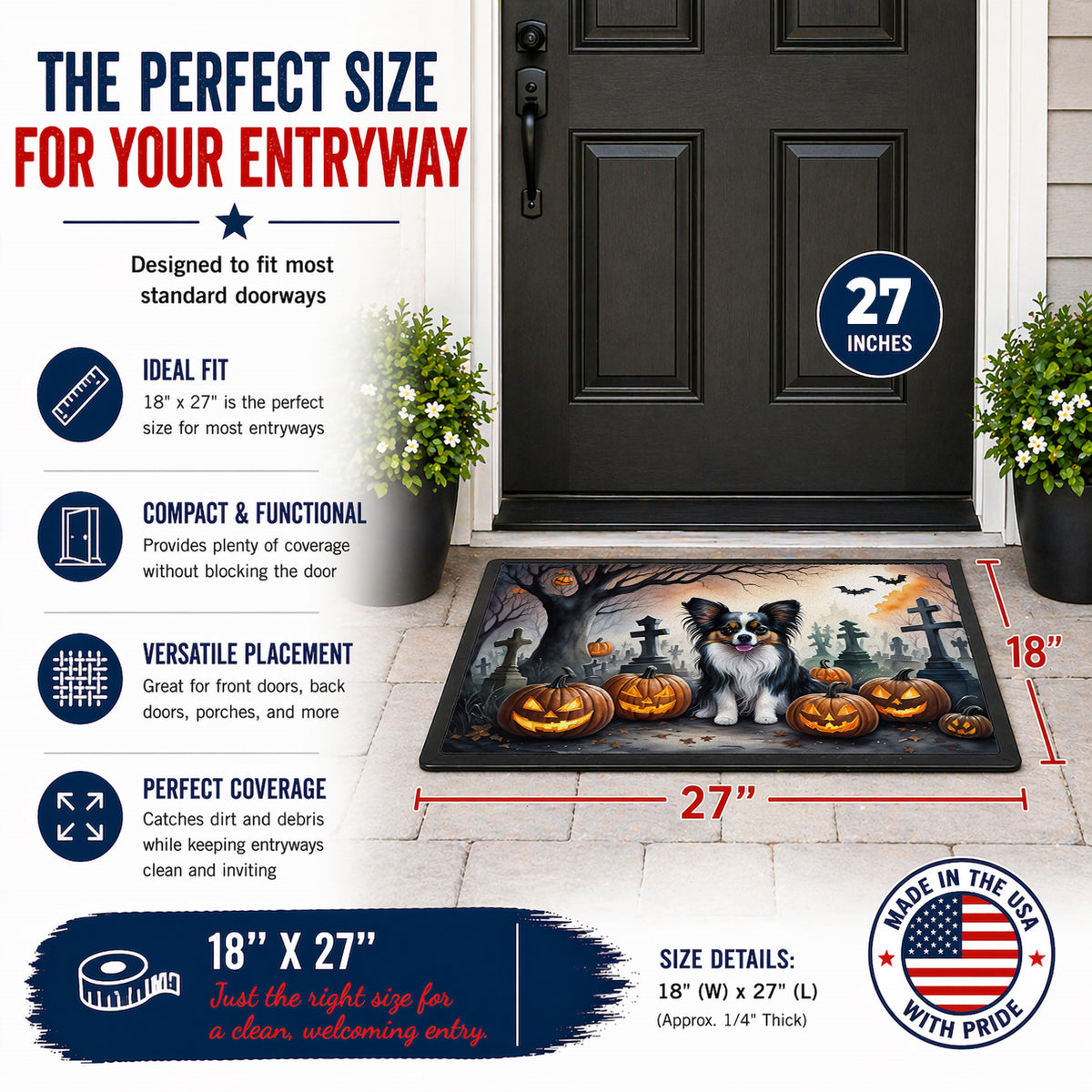 Caroline's Treasures DAC2069MAT Papillon Spooky Halloween Doormat 18x27 Front Door Mat Indoor Outdoor Rugs for Entryway, Non Slip Washable Low Pile, 18H X 27W