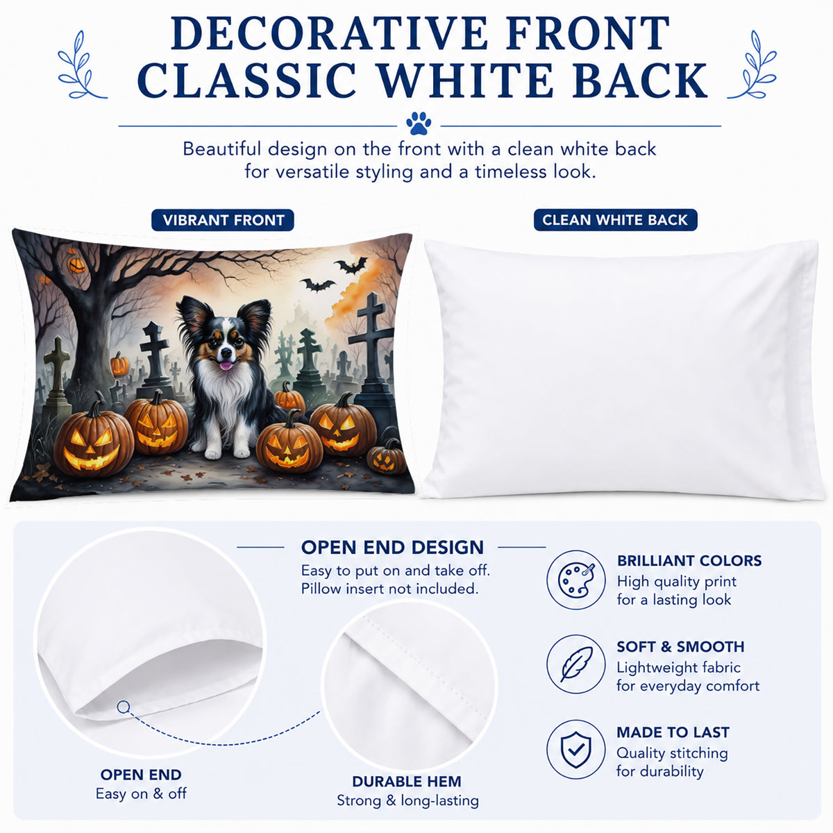 Caroline's Treasures DAC2069PILLOWCASE Papillon Spooky Halloween Fabric Standard Pillowcase Lightweight Super Soft Easy Care Decorative Artwork Pillowcase, Standard