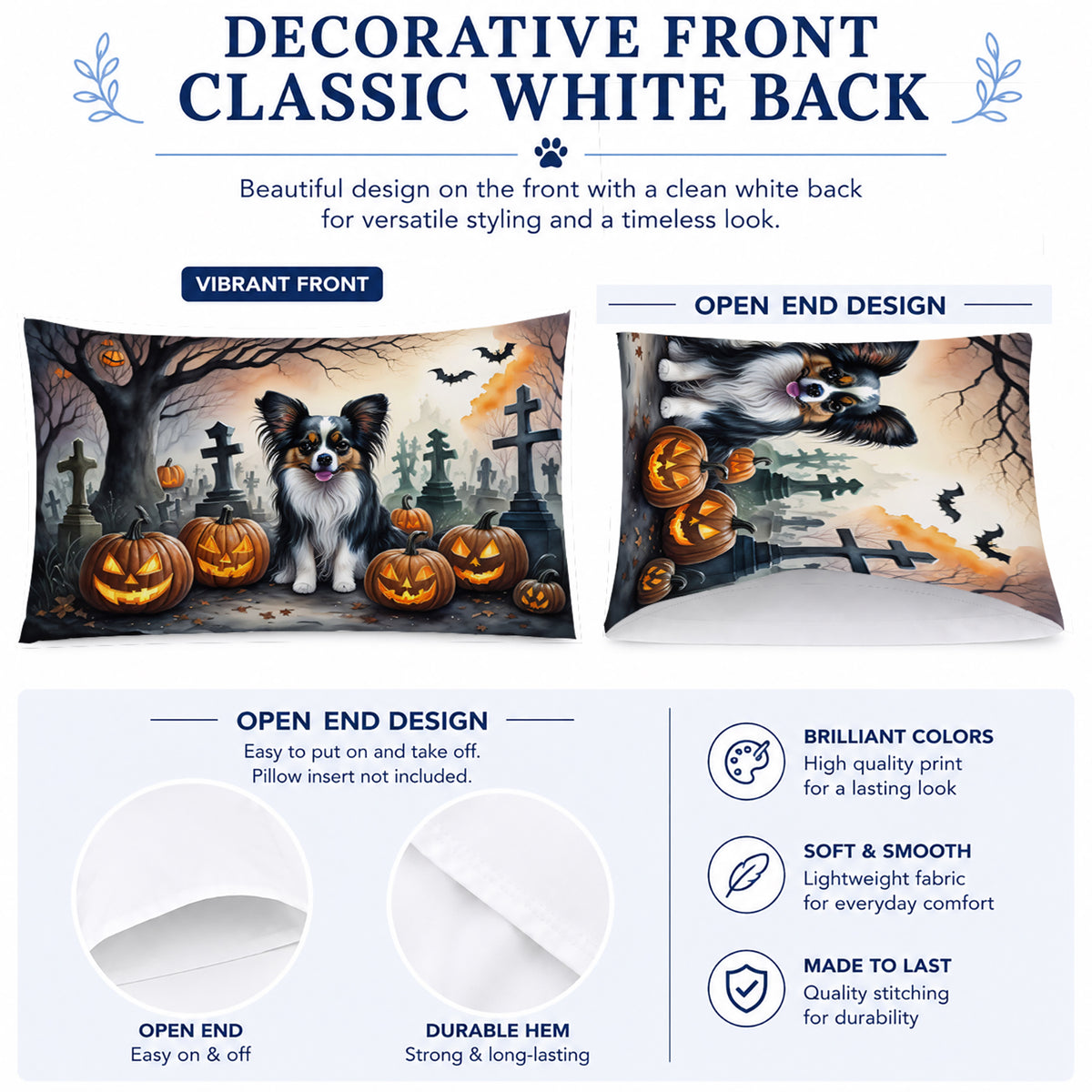 Caroline's Treasures DAC2069PILLOWCASE Papillon Spooky Halloween Fabric Standard Pillowcase Lightweight Super Soft Easy Care Decorative Artwork Pillowcase, Standard