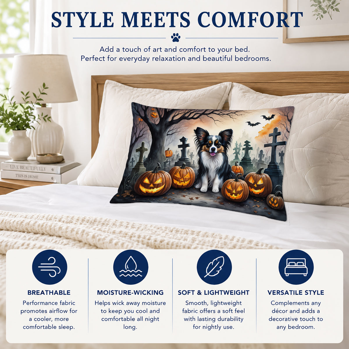 Caroline's Treasures DAC2069PILLOWCASE Papillon Spooky Halloween Fabric Standard Pillowcase Lightweight Super Soft Easy Care Decorative Artwork Pillowcase, Standard