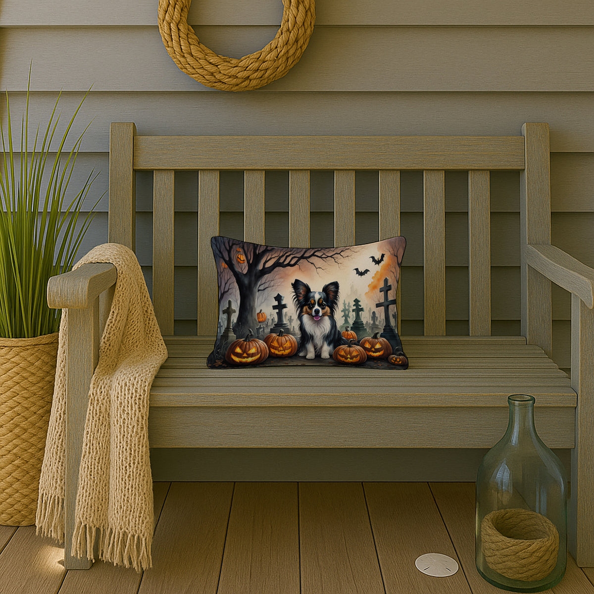 Caroline's Treasures DAC2069PW1216 Papillon Spooky Halloween Fabric Decorative Pillow Machine Washable, Indoor Outdoor Decorative Pillow for Couch, Bed or Patio, 12HX16W
