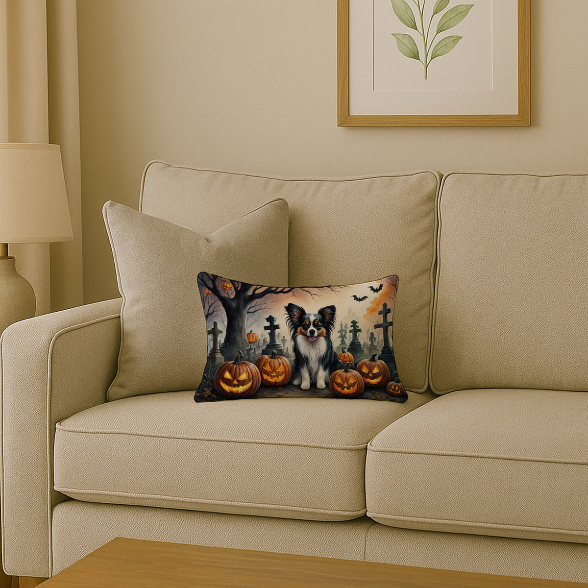 Caroline's Treasures DAC2069PW1216 Papillon Spooky Halloween Fabric Decorative Pillow Machine Washable, Indoor Outdoor Decorative Pillow for Couch, Bed or Patio, 12HX16W