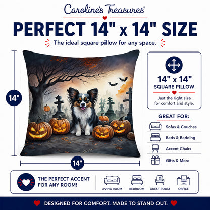 Caroline's Treasures DAC2069PW1414 Papillon Spooky Halloween Fabric Decorative Pillow Machine Washable, Indoor Outdoor Decorative Pillow for Couch, Bed or Patio, 14Hx14W