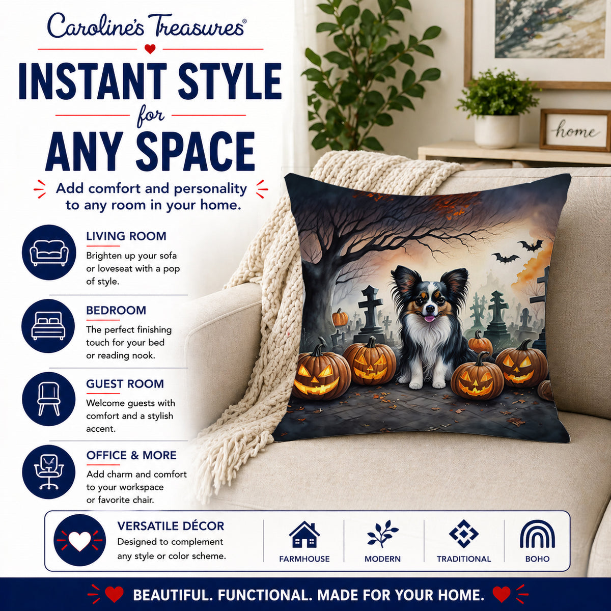Caroline's Treasures DAC2069PW1414 Papillon Spooky Halloween Fabric Decorative Pillow Machine Washable, Indoor Outdoor Decorative Pillow for Couch, Bed or Patio, 14Hx14W