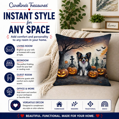 Caroline's Treasures DAC2069PW1414 Papillon Spooky Halloween Fabric Decorative Pillow Machine Washable, Indoor Outdoor Decorative Pillow for Couch, Bed or Patio, 14Hx14W