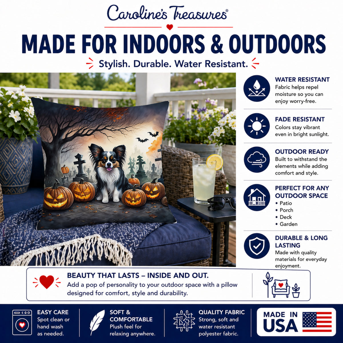 Caroline's Treasures DAC2069PW1414 Papillon Spooky Halloween Fabric Decorative Pillow Machine Washable, Indoor Outdoor Decorative Pillow for Couch, Bed or Patio, 14Hx14W