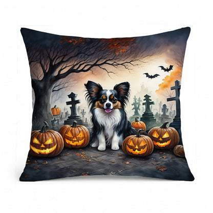 Caroline's Treasures DAC2069PW1818 Papillon Spooky Halloween Fabric Decorative Pillow Machine Washable, Indoor Outdoor Decorative Pillow for Couch, Bed or Patio, 18Hx18W