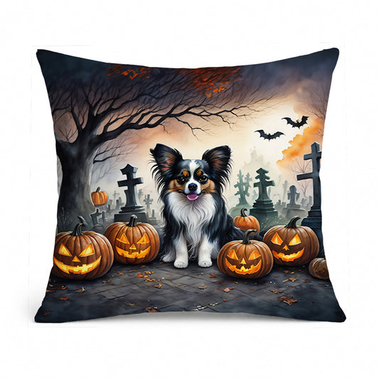 Caroline's Treasures DAC2069PW1818 Papillon Spooky Halloween Fabric Decorative Pillow Machine Washable, Indoor Outdoor Decorative Pillow for Couch, Bed or Patio, 18Hx18W