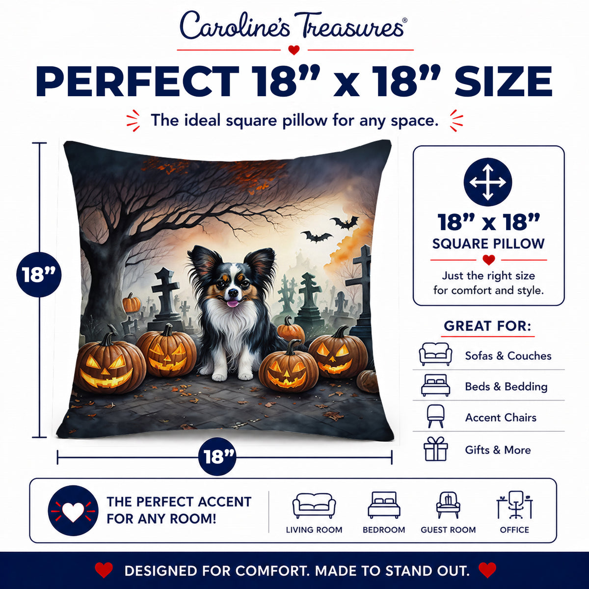 Caroline's Treasures DAC2069PW1818 Papillon Spooky Halloween Fabric Decorative Pillow Machine Washable, Indoor Outdoor Decorative Pillow for Couch, Bed or Patio, 18Hx18W
