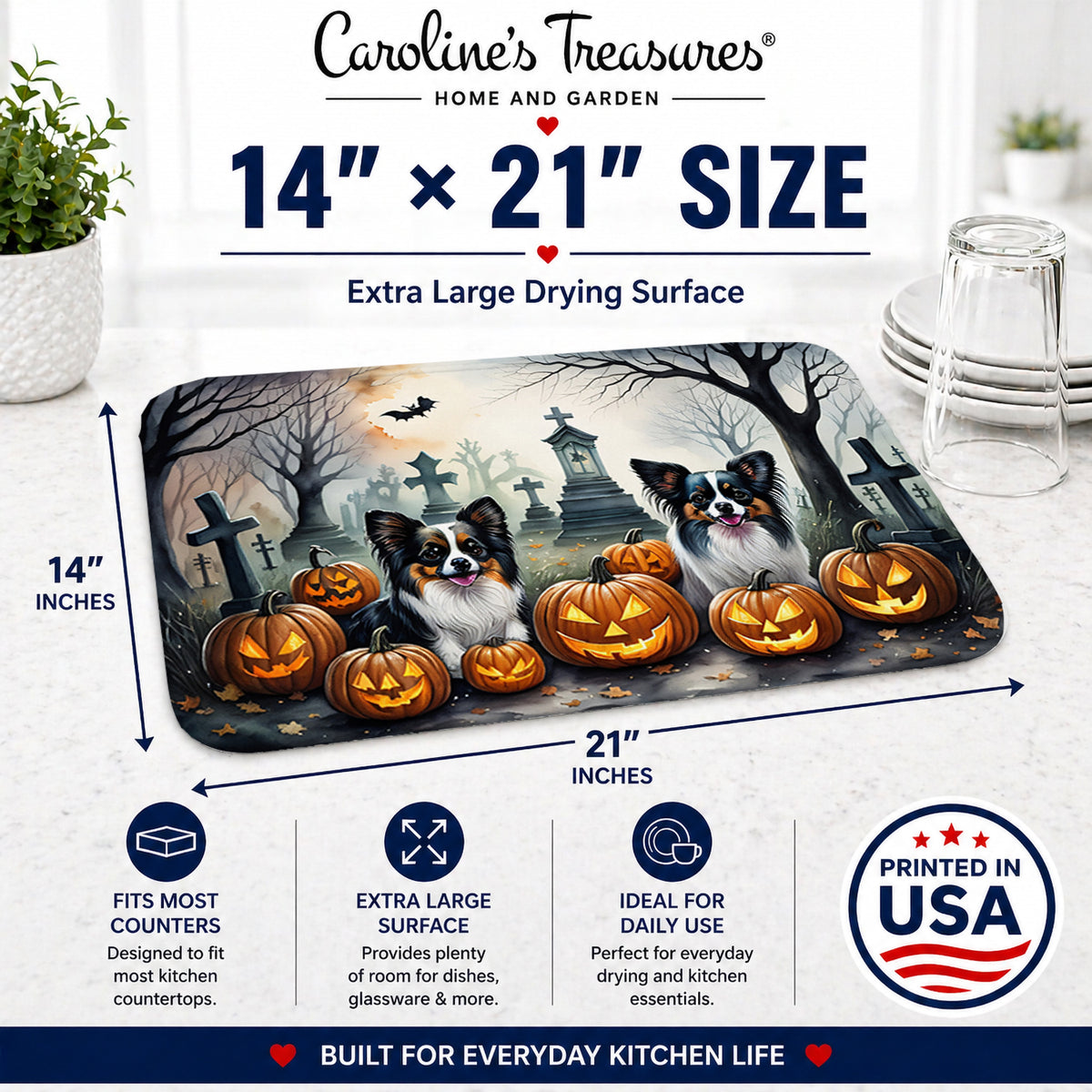 Caroline's Treasures DAC2070DDM Papillon Spooky Halloween Dish Drying Mat Absorbent Dish Drying Mat Pad for Kitchen Counter Dish Drainer Mat for Countertop, 14 x 21, Multicolor