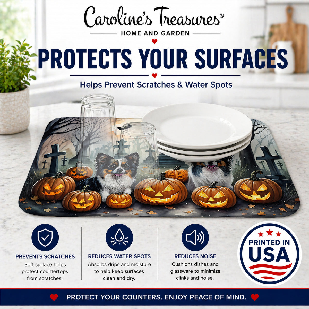 Caroline's Treasures DAC2070DDM Papillon Spooky Halloween Dish Drying Mat Absorbent Dish Drying Mat Pad for Kitchen Counter Dish Drainer Mat for Countertop, 14 x 21, Multicolor