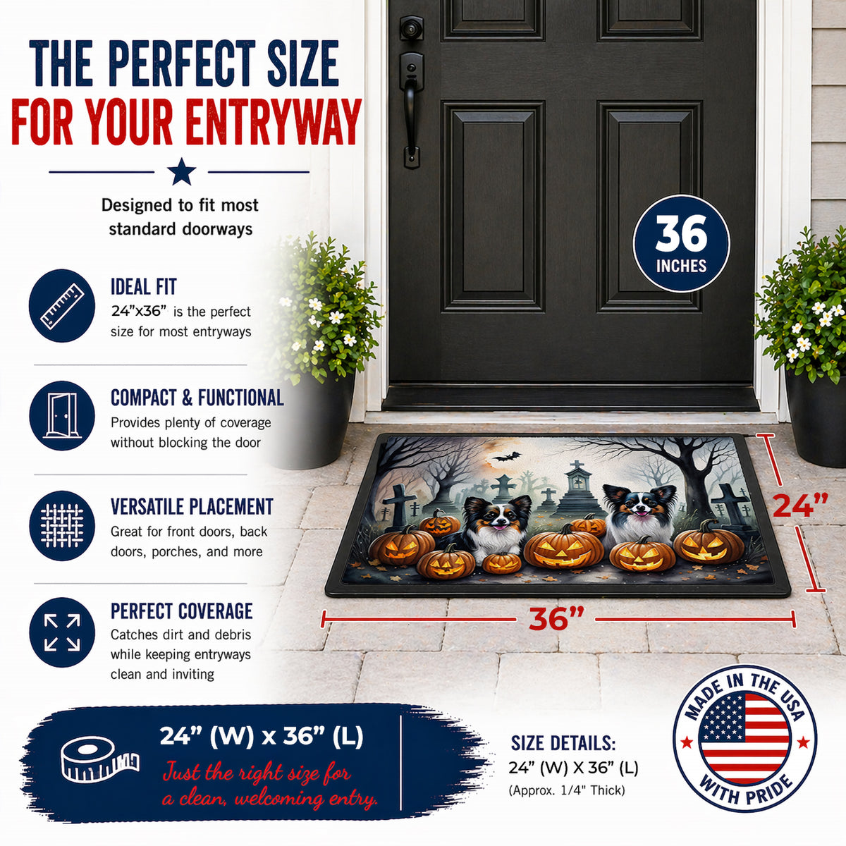 Caroline's Treasures DAC2070JMAT Papillon Spooky Halloween Indoor or Outdoor Mat 24x36 Front Door Mat Indoor Outdoor Rugs for Entryway, Non Slip Washable Low Pile, 24H X 36W