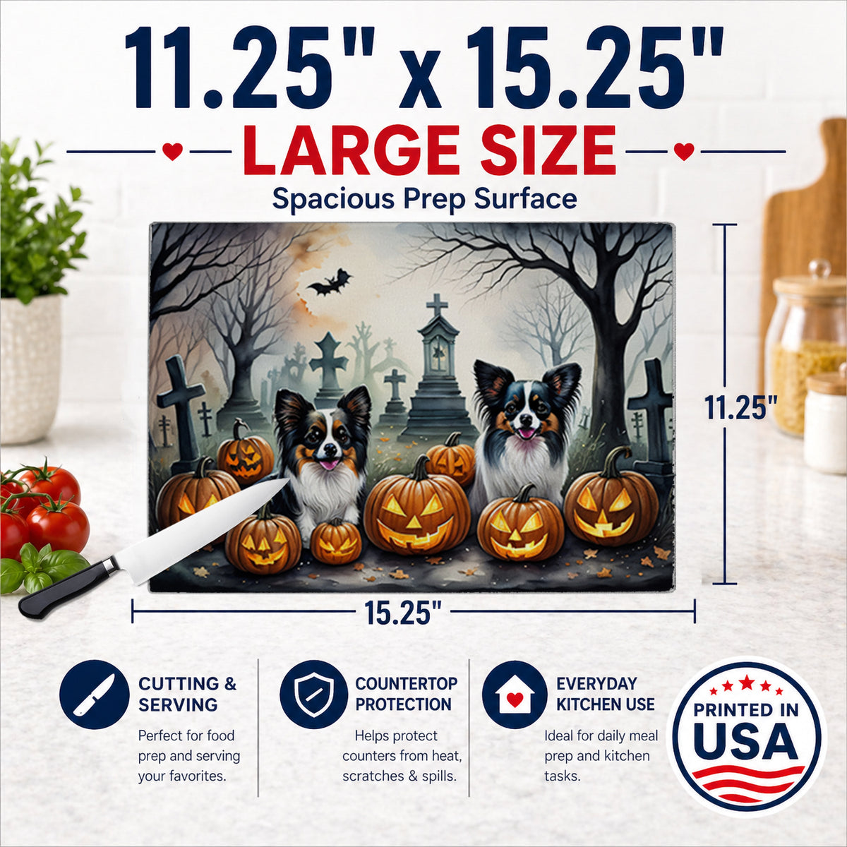 Caroline's Treasures DAC2070LCB Papillon Spooky Halloween Glass Cutting Board Large Decorative Tempered Glass Kitchen Cutting and Serving Board Large Size Chopping Board