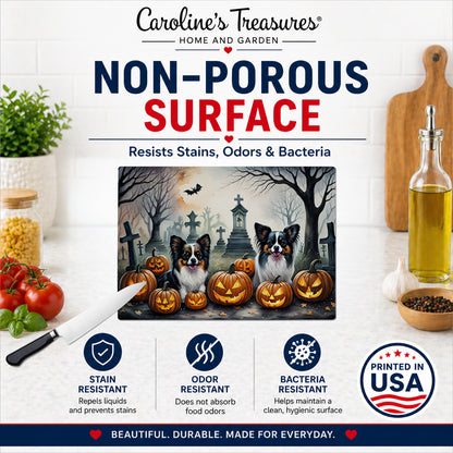 Caroline's Treasures DAC2070LCB Papillon Spooky Halloween Glass Cutting Board Large Decorative Tempered Glass Kitchen Cutting and Serving Board Large Size Chopping Board