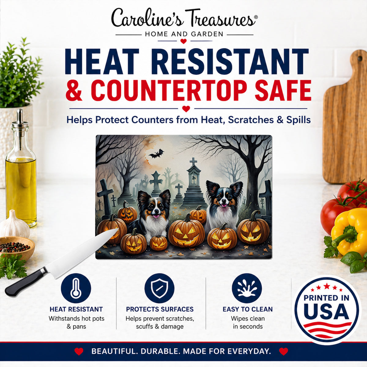 Caroline's Treasures DAC2070LCB Papillon Spooky Halloween Glass Cutting Board Large Decorative Tempered Glass Kitchen Cutting and Serving Board Large Size Chopping Board