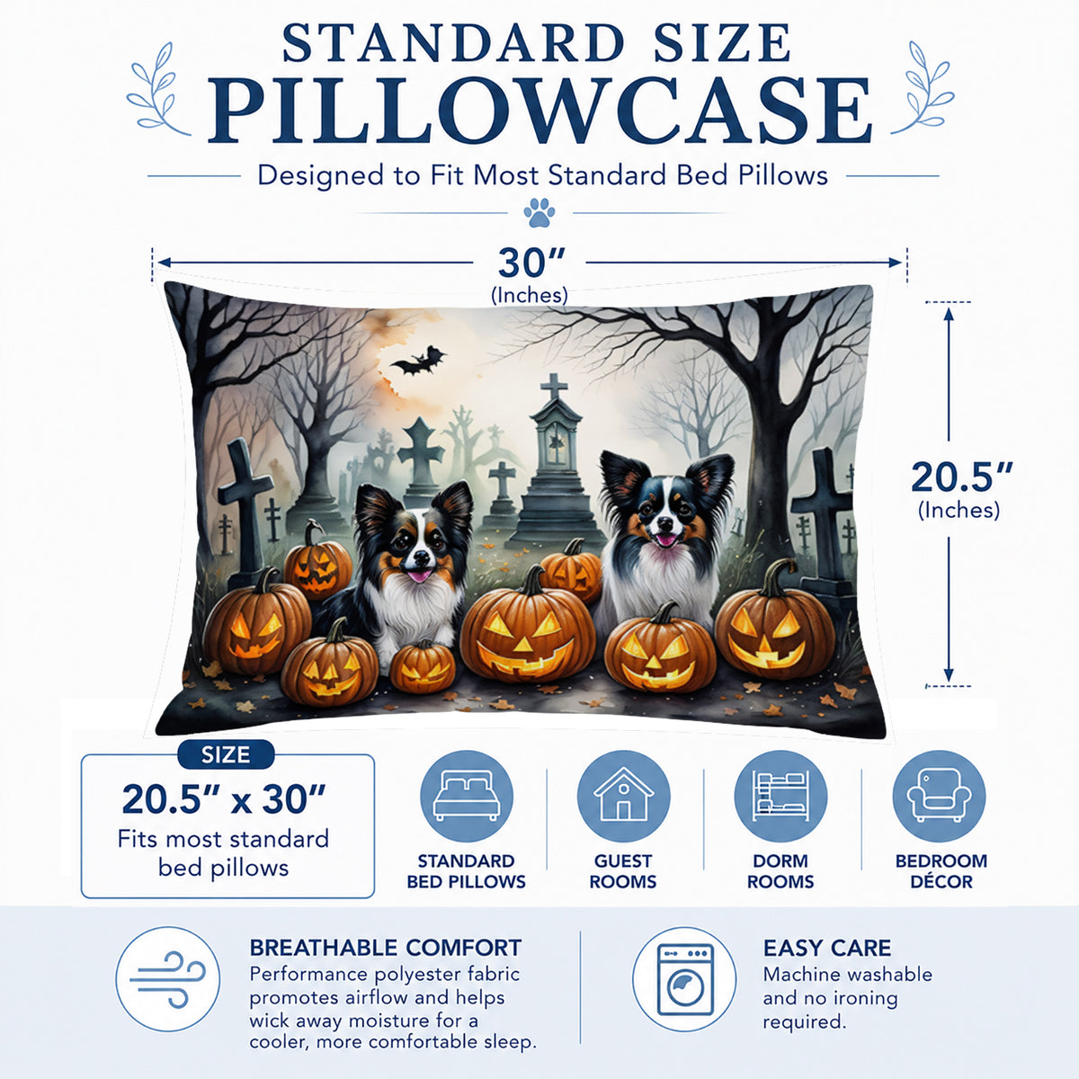 Caroline's Treasures DAC2070PILLOWCASE Papillon Spooky Halloween Fabric Standard Pillowcase Lightweight Super Soft Easy Care Decorative Artwork Pillowcase, Standard