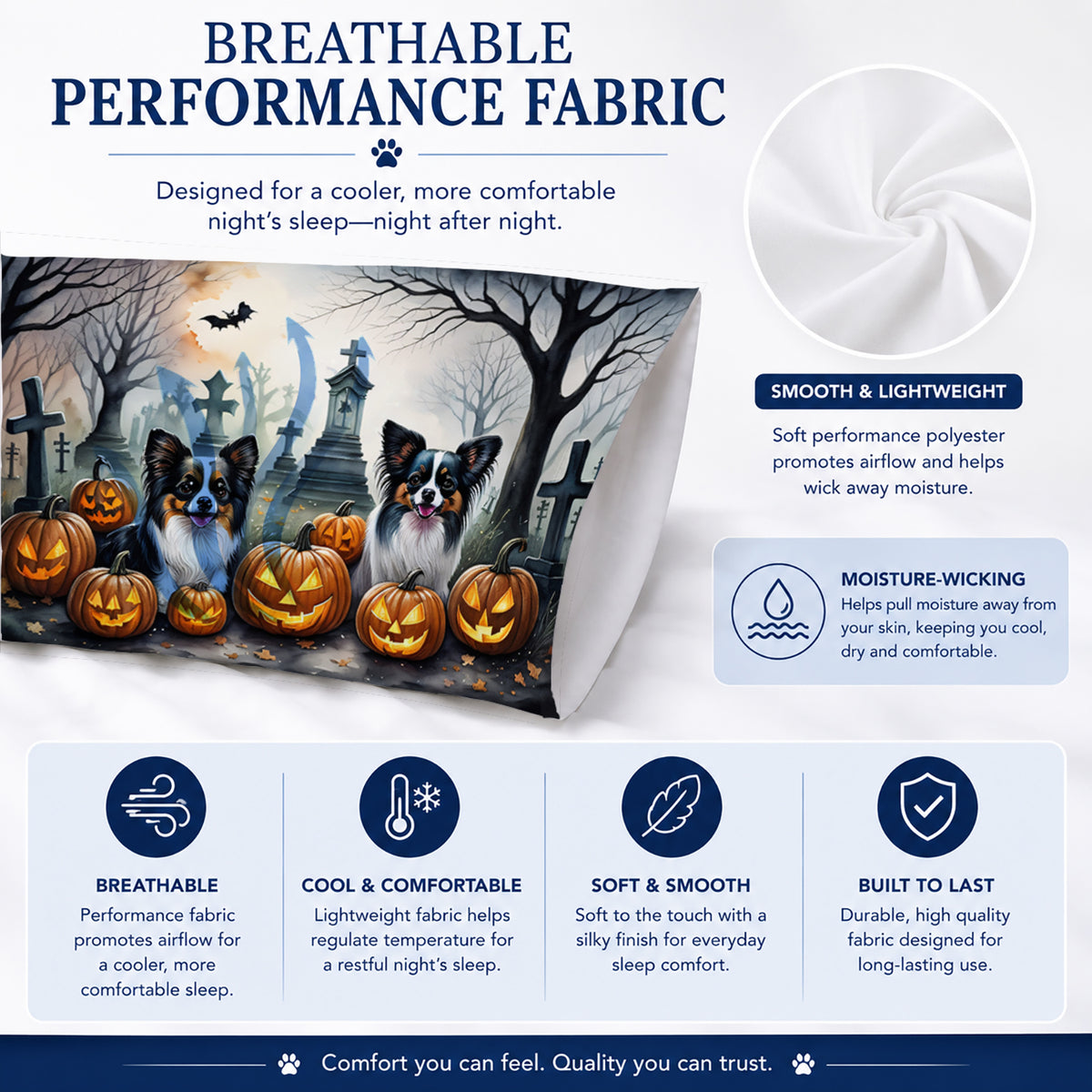 Caroline's Treasures DAC2070PILLOWCASE Papillon Spooky Halloween Fabric Standard Pillowcase Lightweight Super Soft Easy Care Decorative Artwork Pillowcase, Standard