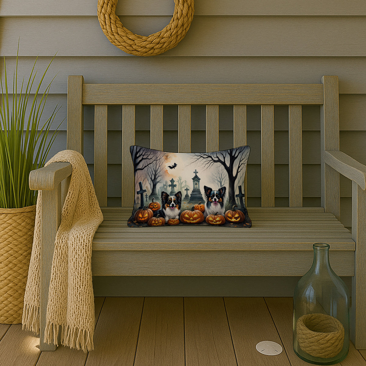 Caroline's Treasures DAC2070PW1216 Papillon Spooky Halloween Fabric Decorative Pillow Machine Washable, Indoor Outdoor Decorative Pillow for Couch, Bed or Patio, 12HX16W