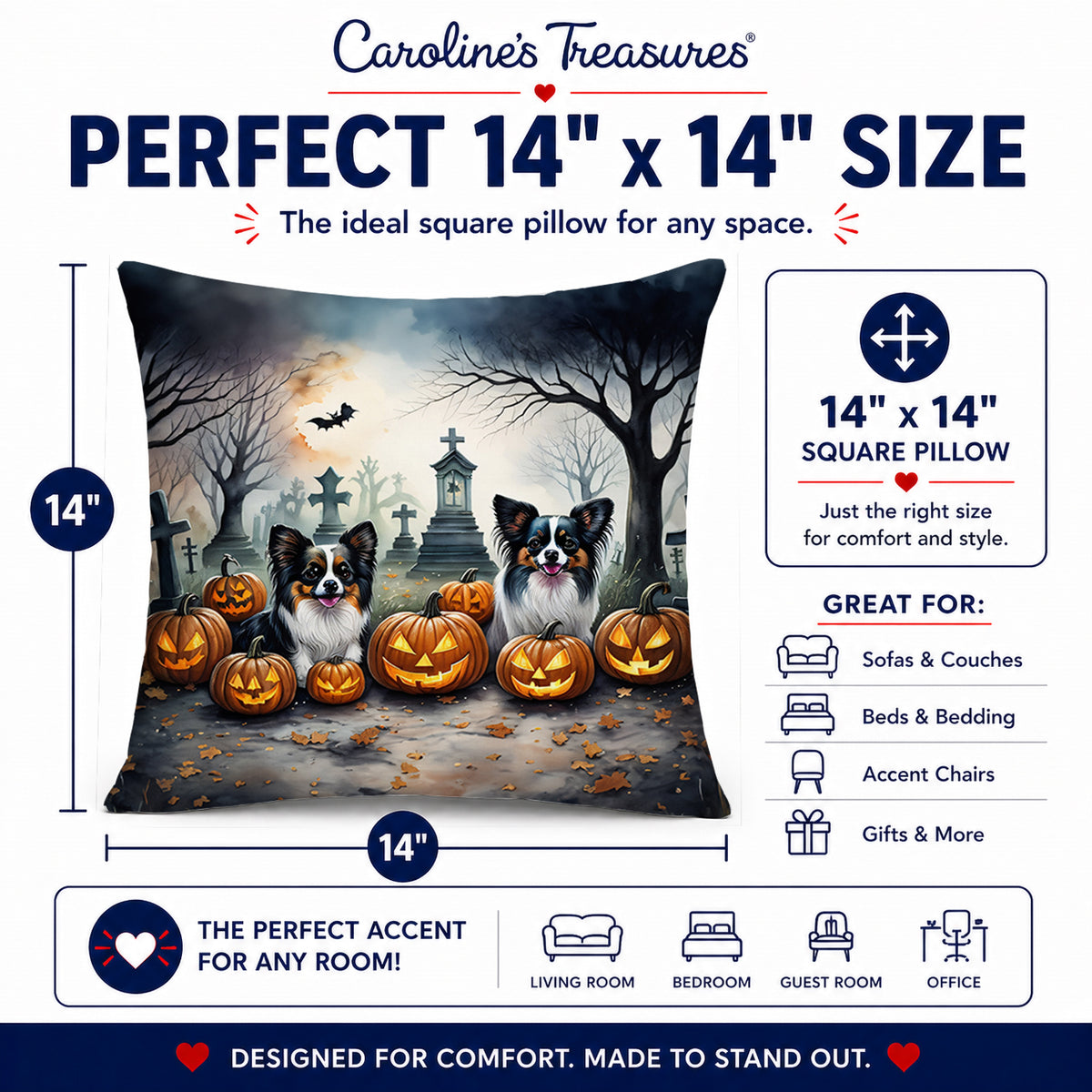 Caroline's Treasures DAC2070PW1414 Papillon Spooky Halloween Fabric Decorative Pillow Machine Washable, Indoor Outdoor Decorative Pillow for Couch, Bed or Patio, 14Hx14W
