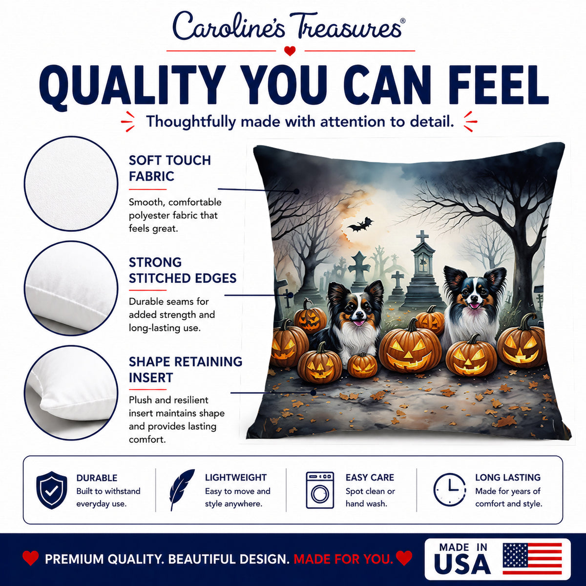 Caroline's Treasures DAC2070PW1414 Papillon Spooky Halloween Fabric Decorative Pillow Machine Washable, Indoor Outdoor Decorative Pillow for Couch, Bed or Patio, 14Hx14W