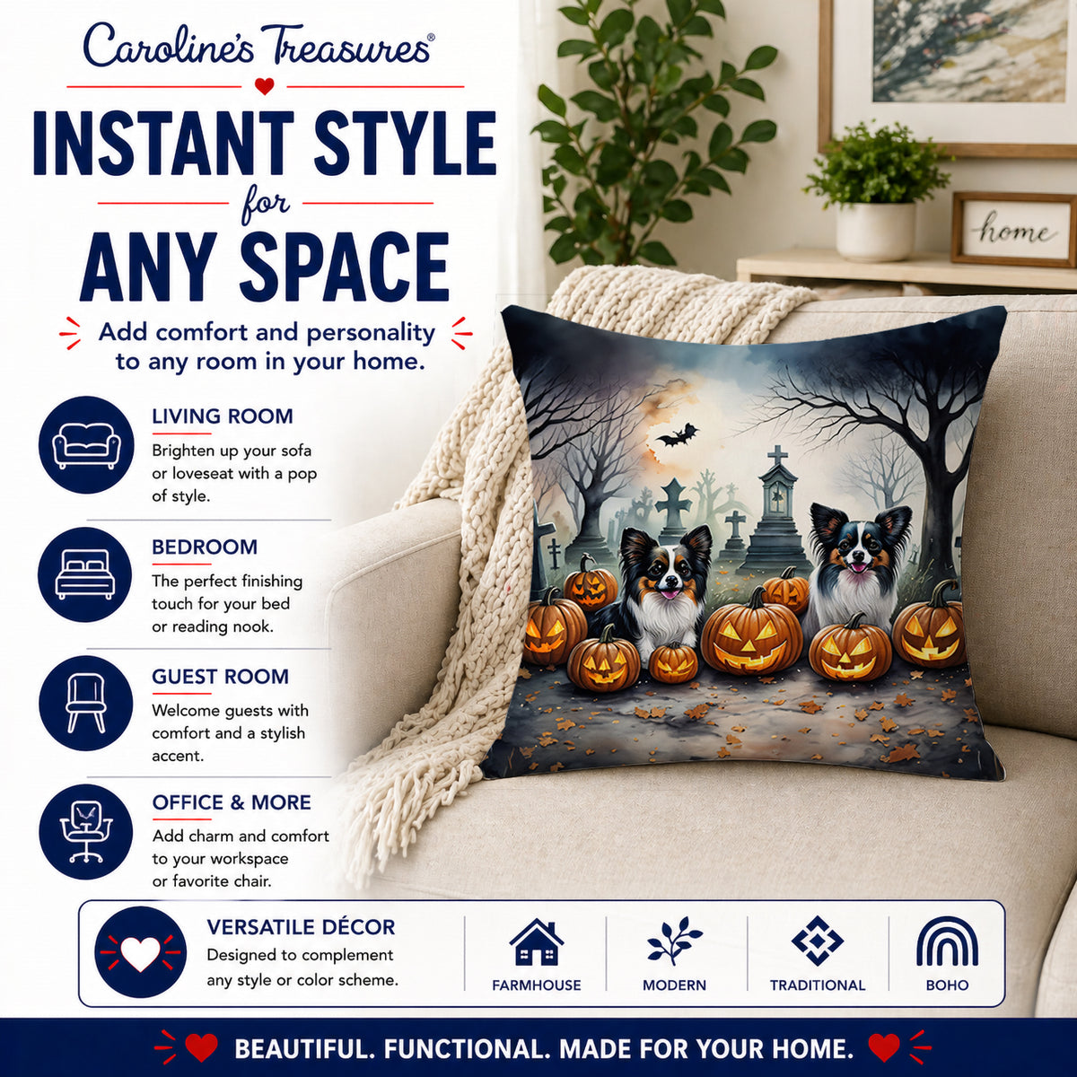 Caroline's Treasures DAC2070PW1414 Papillon Spooky Halloween Fabric Decorative Pillow Machine Washable, Indoor Outdoor Decorative Pillow for Couch, Bed or Patio, 14Hx14W